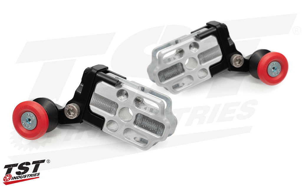 TST Spooled Captive Chain Adjusters for Honda Grom 2013-2020 with optional Red TST Spool Caps.