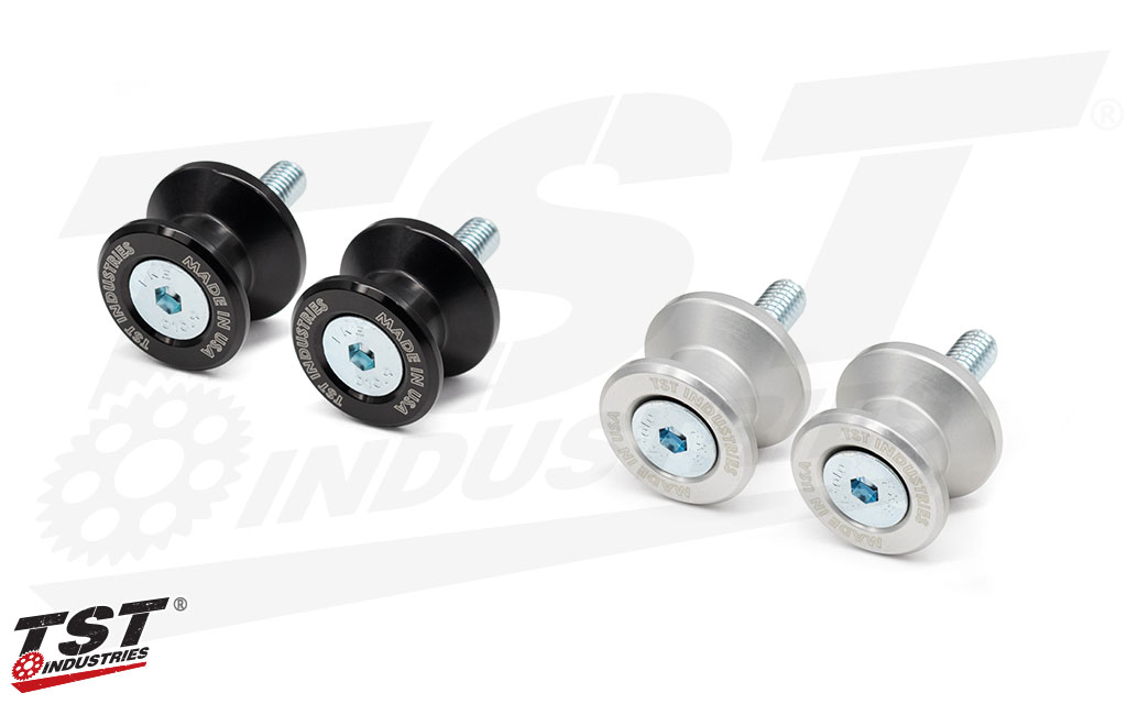 TST M8 Anodized Aluminum Swingarm Spools available in Black or Silver Finish.